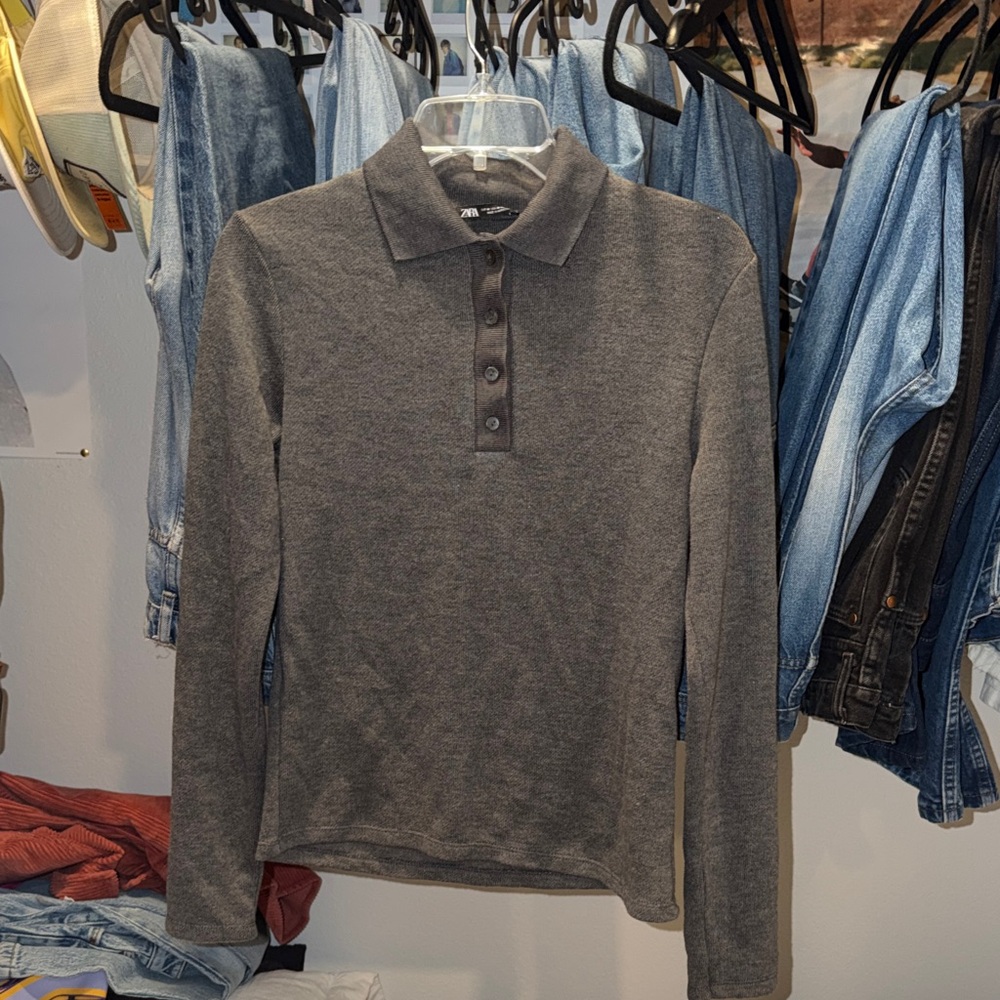 Zara Women’s Charcoal Gray Long Sleeve Polo